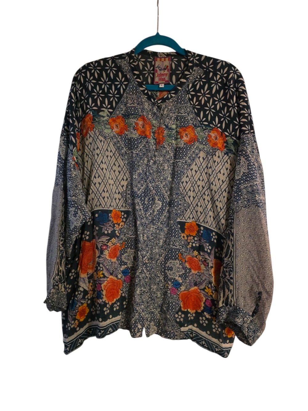 ​Johnny Was Floral Geometric Mixed Print Cupra Rayon Kimono Blouse Top Large L